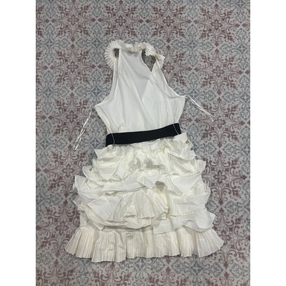 BCBGMAXAZRIA White Ruffle Tiered Belted Halter Dress SLP61378-100 Size 2 NEW